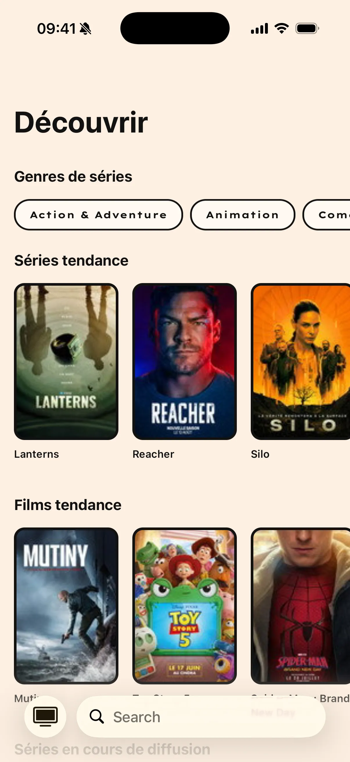 L'écran Découvrir d'AtmosTV, avec les séries et films tendance
